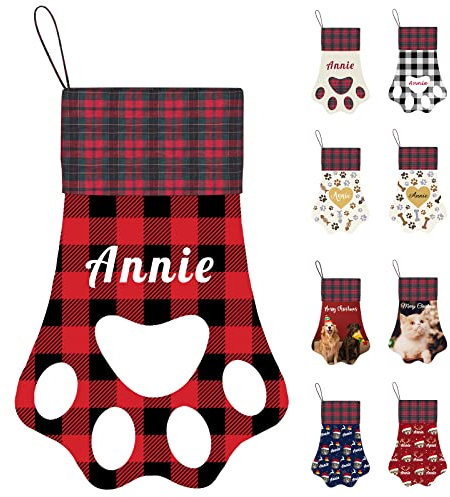Personalisierte Weihnachtsstrümpfe für Hunde, Katzen, Haustier, Hund, Katze, Name, Foto, Süßigkeiten, Strumpfbeutel, große Pfotenform, handgefertigte Weihnachtsstrümpfe zum Aufhängen (17 Zoll)