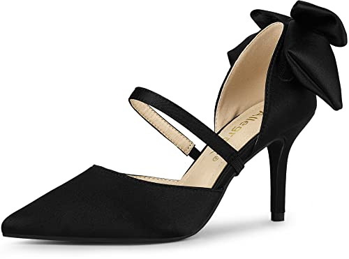 Allegra K Women's Pointed Toe Bow Satin Stiletto Heels Pumps | Pointed toe stiletto pumps with bow detail. Padded insole for comfort. Non-slip outsole. Party & office ready.