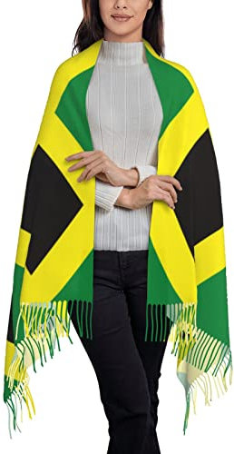 Bagea-Ka Langer Schal mit Jamaikanischer Flagge, Pashmina für Frauen und Mädchen, mit Quasten, weich, warm, gemütlich, Schwarz, Einheitsgröße