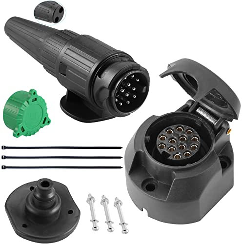 SPARKMOTO 12V Anhänger Stecker 13 Polig und Anhänger Steckdose 13 Polig,nach ISO11446,mit Montagezubehör,Wasserdicht 13Poliger Anhänger Stecker Steckdose für PWK Anhänger(2 Kabelauslässe)