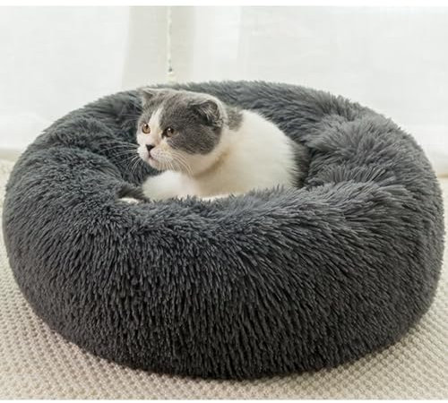 HUAXIQUE Donut Hundebett Hundebett Wolke Hundebett Rund Hundekissen Plüsch Donut undekissen Waschbar Flauschig Hundematte Anti Rutsch Noppenboden 60cm Dunkelgrau