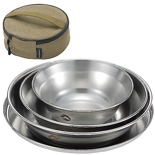 Campingmoon S395 Lot de 4 assiettes de camping en acier inoxydable passent au lave-vaisselle (ensemble de 4 pièces + sac (S395-1S), )