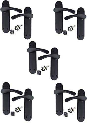 Golden Grace 5 Sets Astrid Door Handles, Matt Black 182mm x 45mm | Supplied with pairs of ball bearing hinges, 64mm tubular latches, 7.9mm spindle and screws for a complete fitting.