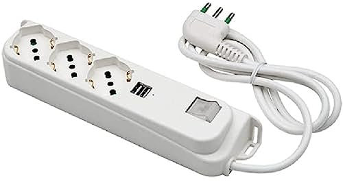 FANTON 47450 Multipresa 3 posti + USB OMEGA 3 prese bipasso/schuko 2P+T 16A e 2 prese USB-A 5V 3A ciabatta cavo 1,5 m. spina a squadra grande 2P+T 16A + interruttore bipolare luminoso