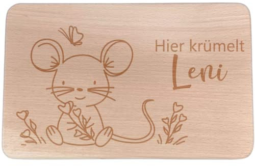 Personalisiertes Frühstücksbrettchen mit Namen I Holz Brettchen/Brotzeitbrettchen I Große Maus Motiv Graviert I Geschenk für Kinder