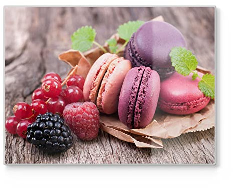 DEQORI Schneidebrett aus Glas | groß 40x30 cm | Motiv Macarons und Beeren | Design Schneideplatte für Küche | Frühstücksbrett antibakteriell & rutschfest | Glasplatte & Servierplatte