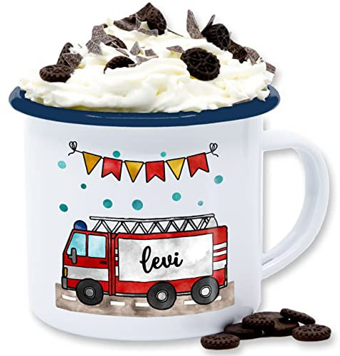 Emaille Tasse Blechtasse - Feuerwehrauto Motiv I Geschenk Feuerwehr I Löschzug I Leiterwagen Feuerwehr - 300 ml - Weiß Blau - geschenke für feuerwehrmänner feuerwehrtasse jugendfeuerwehr name