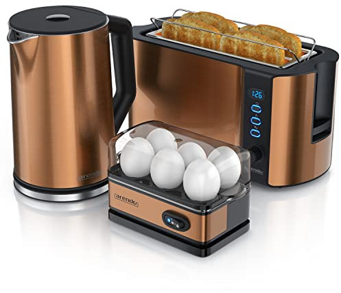 Arendo - Wasserkocher mit Toaster SET und Eierkocher, Edelstahl Kupfer, Wasserkocher 1,5L 40° - 100°C, Toaster 4 Scheiben LED-Display 6 Bräunungsgrade, Eierkocher 1-6 Eier Messbecher