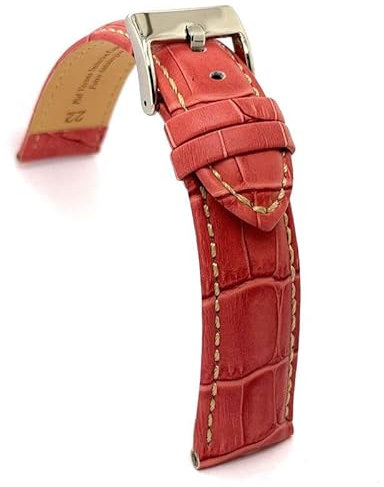 diloy Sportliches gepolstertes Uhrenarmband Rindsleder Krokoprägung quadratisch weiße Naht – Größen 14mm 16mm 18mm 20mm 22mm 24mm 26mm 28mm 30mm – Elegant 378 Hell-Pink 28mm