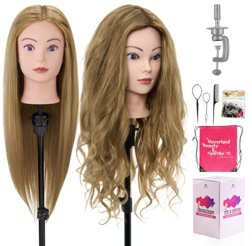 Neverland 28 Hairdressing Head, 60% Real Human Hair Cosmetology Mannequin Head Manikin Doll Head with Table Clamp + DIY Hair Styling Tools Set (Gold)
