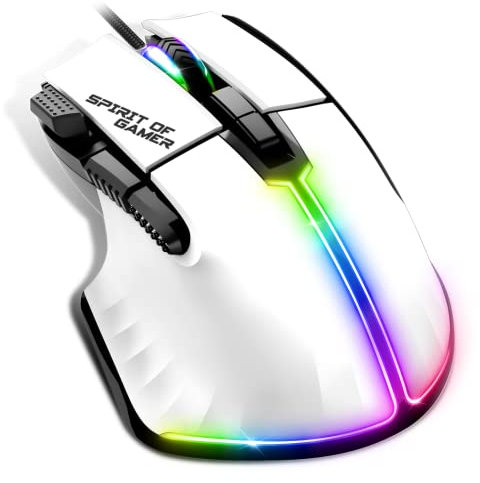 Spirit Of Gamer | Mouse Gaming Bianco Cablato PC 12800 DPI | Mouse RGB con 8 Pulsanti Programmabili di cui 1 Rapid Fire | 13 Effetti di Retroilluminazione | Mouse Ergonomico con Appoggio per Pollice