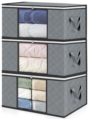unycos - 3 Stück | 35L Aufbewahrungstasche, Kleideraufbewahrungstaschen, Stoff mit Transparentem Fenster 48x36x20cm, Faltbare Boxen, Unterbett-Organizer für Bettdecken, Handtücher (Grau/Schwarz)