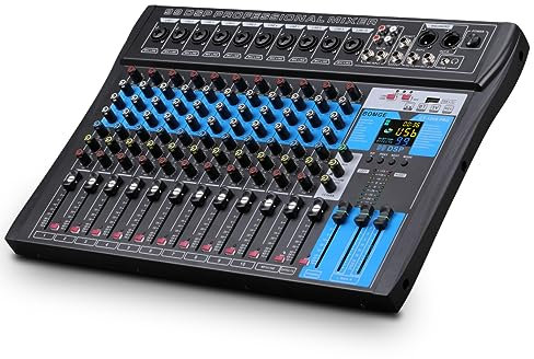 BOMGE Consola de mesa de sonido mezclador profesional, sistema de escritorio de 12 canales con interfaz de audio USB, grabación USB-B, función BT, 99 efectos DSP, 48 V Phantom Power Stereo DJ Studio