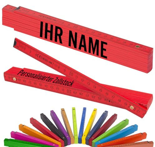 Metrie™ Zollstock - PERSONALISIERT – Gliedermaßstab | Meterstab, Maßstab - 2m - Hellrot - Duplex Teilung, Hergestellt in der EU – Druck mit Namen, Wunsch-Text für Handwerker | BLOCK 52-1 Stück