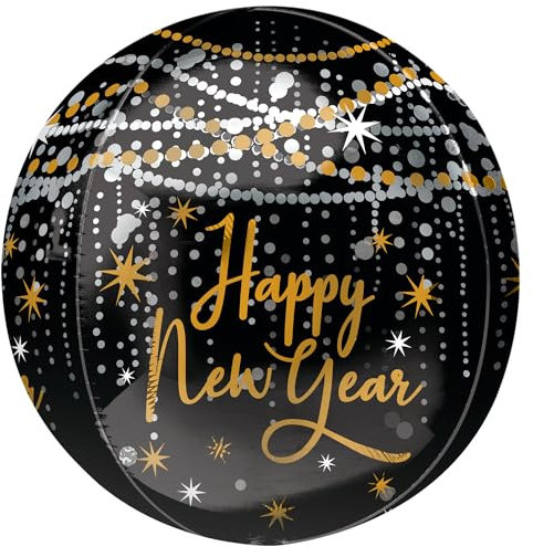 Amscan 4363375 - Orbz Folienballon Mitternachtsstunde, 38 x 40 cm, Happy New Year, Silvester, Dekoration