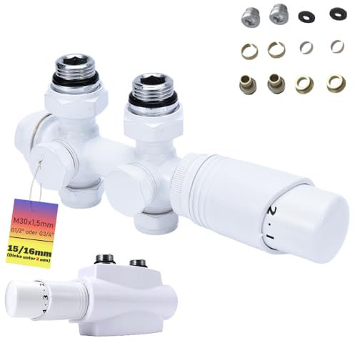 Multiblock Heizkörper Set, Ventil Hahnblock mit Thermostat Eckform und Durchgangsform, Ventil-Armaturen Mittelanschluss Thermostatregler für Badheizkörper G 1/2 oder G 3/4, 15mm/16mm, Weiß