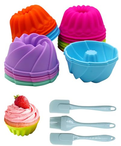 RZMZBY 24 Bundt Cake Moulds Silicone & 3 Cake Support, Mini Bundt Cake Mould Cake Mould Reusable Muffin Cases Cupcake for Cake Dessert Chocolate Pudding Jelly (4 Colours), MUJ3