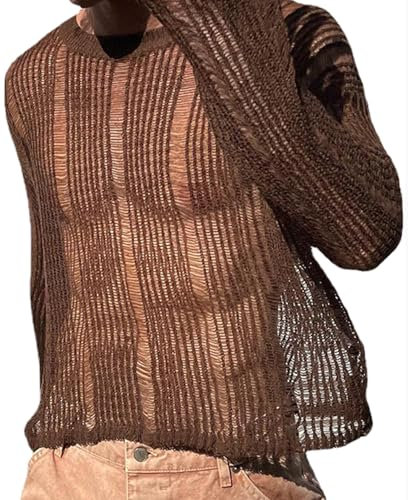 AIEOE Mens Hollowed Out Shirt Mesh Undershirts Transparent Long Sleeve Tee für Party Club Brown UK Size XL/Label Size XXL