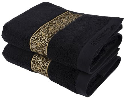 Handtuch Set 50x100 cm Handtücher 100% ägyptische Baumwolle Luxus Tuch in Premium Qualität Aymando | Blende mit edler Ornamentstickerei in Gold | Aufhänger | (Schwarz)