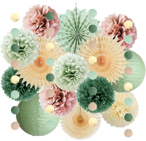 Sage Green and Dusty Rose Party Decorations Paper Lanterns Sage Green and Dusty Pink Party Decorations Beige Olive Pom Poms Cream Kit for Baby Shower Birthday Wedding Engagement Hen Party