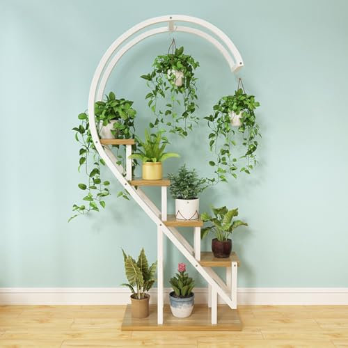 Metall-Pflanzenständer, kreative halbherzförmige Leiter-Pflanzenständer, 5-stufige Leiter, kreativer Blumentopf-Ständer, multifunktional, for Zuhause, Terrasse, Rasen, Garten (Color : White Frame+wal