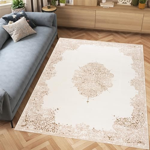 TAPISO Hera Teppich Kurzflor Creme Beige Glänzend Klassisch Floral Mäander Orientteppich Glanzeffekt Wohnzimmer Schlafzimmer ÖKO-TEX 140 x 200 cm