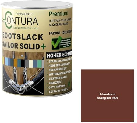 Contura Bootslack Farbig GLÄNZEND Yacht- Buntlack Metall Holz GFK Holzlack Boot Farblos (Schwedenrot - RAL 3009 Analog, 500ml.)