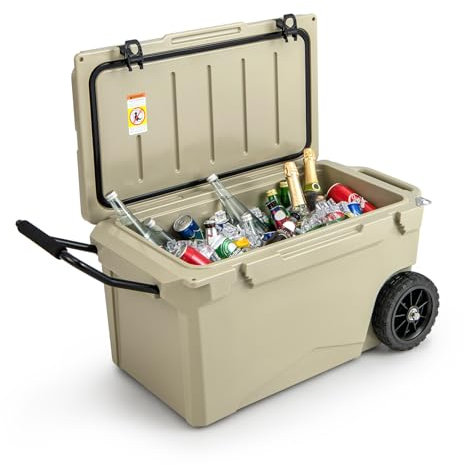 GOPLUS 71L Kühlbox, Isolierbox tragbar mit Griff, Rollen & Flaschenöffner, große Thermobox Coolbox ohne Strom für Essen und Getränke, Outdoor für Camping Grillen Picknick (Khaki)