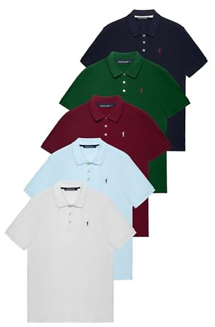 Polo Club Pack 5 Polos Manga Corta - Azul Marino, Celeste, Blanco, Granate y Verde Botella - con Logo Bordado, 100% algodón, para Hombre