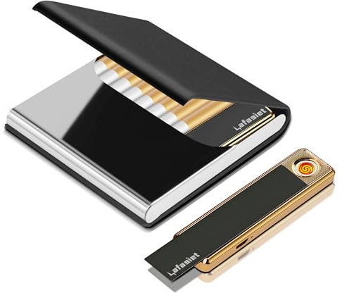 Lafagiet Zigarettenetui mit Feuerzeug für 84MM Regular King Size, Ultra Slim, Leder Zigarettenetui für Männer, Business, Geschenk