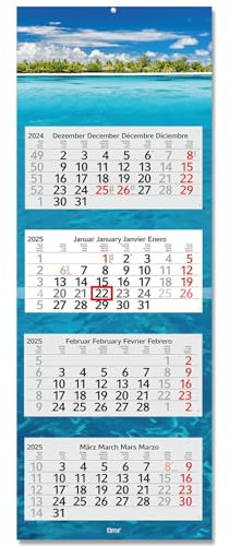 Timr 4-Monatskalender 2025 Karibik I Wandkalender 4 Monate I 33 x 90 cm I mehrsprachig D/GB/F/ES I Jahresplaner mit Schieber Mehrblatt-Kalender I Meer Urlaub-Motiv Karibik I tr254