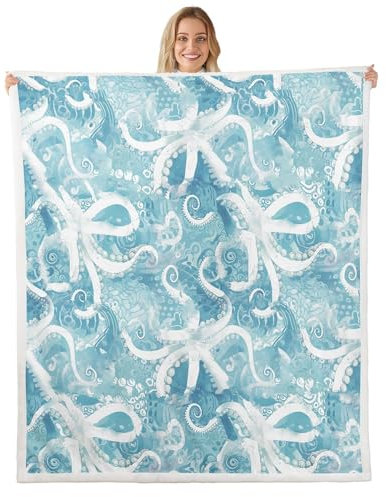 Loussiesd Kinder Octopus Decke 130x150cm Jungen Mädchen Sealife Seetier Kuscheldecke Unterwassertiere Muster Couchdecke Meer Marine Thema Decke