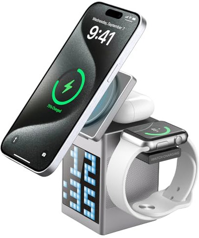 MiliPow Wireless Charging Station with Portable Speaker, Alarm Clock and Pixel Pattern Display, 15W Qi Fast Charging Wireless Charger for iPhone 16/15/14/13/12/Watch/Earbuds