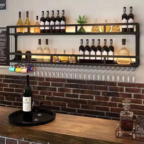 Porte-Bouteilles Muraux Industriels avec Porte-Verre,Casier À Vin en Métal,Porte-Verre À Vin Suspendu Mural pour Bar Boissons,Étagères Polyvalentes,Étagère Murale en Verre pour Cuisine double niveau(B