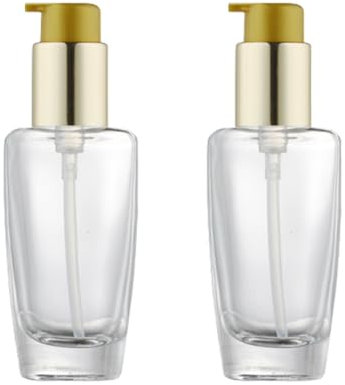 2Pcs 50ml/1.7oz Empty Clear Glass Lotion Pump Bottle with Gold Pump Top Portable Essential Oil Pump Dispensers Jars Vials Hair Conditioner Container for Makeup Emulsion Toner