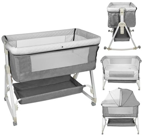 homewell 2 en 1 Lit Cododo Bebe Pliable, Berceau Cododo 0-30 Mois, 6 Réglages de Hauteur, Berceau bébé Mobile Lit d'Appoint, Grand Panier, Apportez UNE moustiquaire (Gris, 95 * 50*(98-110) cm)