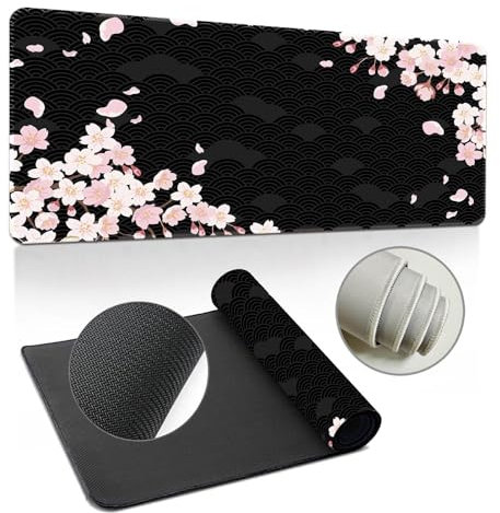Hearda 3D Mauspad XXL/L, Japanische Sakura Gaming Mauspad, Anti-Rutsch Gummiboden, Vernähte Kanten, Abstraktes Mousepad für Büro, Zuhause (Schwarz, 1200x600x3mm)