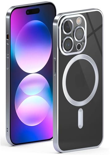 ONEFLOW Aura Custodia MagSafe per Apple iPhone 14 Pro, compatibile con fotocamera, custodia protettiva per ricarica wireless induttiva, custodia in silicone trasparente, argento