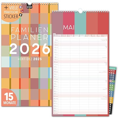 Familienkalender 2026 5 Spalten FARBEN Familienplaner 2026 mit STICKER Urlaub Recycling Ferien Wandplaner 2026 Wandkalender 23 x 43cm inkl. Okt-Dez 2025, Pflanzkalender, bunt farbenfroh farbig