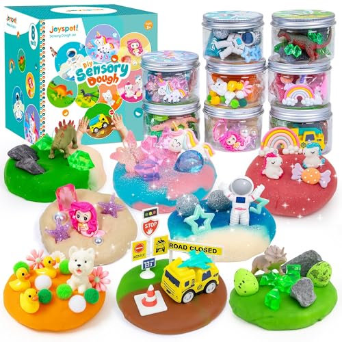 JOY SPOT! 8er-Pack Kinderknete mit Themen, Sensorische Knete in dose, Knetmasse kreative Spielzeug, Magische Knete ungiftig für Kinder ab 3 4 5 6 Jahre (Einhorn/Astronaut/Dinosaurier)