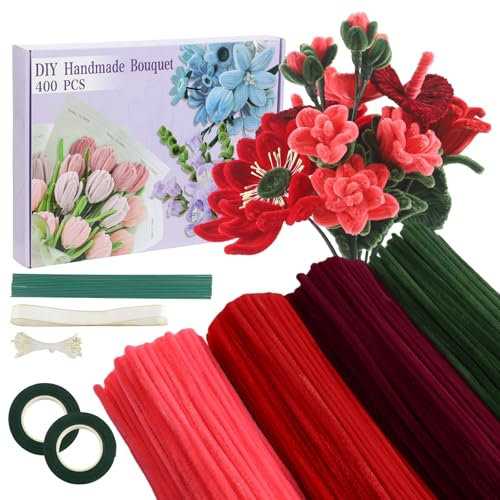 Galerie SV Rot Pfeifenputzer zum Basteln Set, 400 Stück Pfeifenreiniger4 Farben Blumenstrauß Pfeifenreiniger Blumen mit Geschenkband, Klebeband, Staubblätter für DIY Geschenke und Dekorieren (Rose)