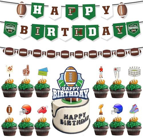 Silars American Football Tortendeko Geburtstag Junge, 15 Stücke Tortenaufleger Rugby Fussball Kuchen Deko, Includes Ein Kuchendekor und 12 Stück Cupcake-Dekore und 2 Stück Girlanden