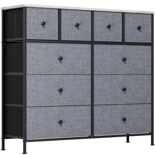 Clevich Kommode mit Schubladen, mit 10 Stoffschubladen, Holzplatte, Metallgestell, Geeignet für Schlafzimmer, Wohnzimmer, Kinderzimmer, Büro, Flur, Diele (Dunkelgrau, 1 Stück)