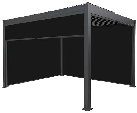 Metal Pergola 3m x 4m Anthracite Grey With 4 Retractable Anthracite Mesh Blinds Tilting Canopy Roof Aluminium Outdoor Garden Gazebo Sun Shelter Drainage Weather Resistant Tools & Ground Bolts Included