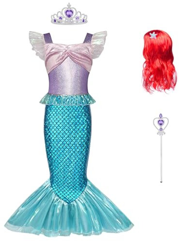 BSBUY Meerjungfrau Kostüm Mädchen Fliegende Ärmel Arielle Prinzessinnenkleid Meerjungfrau Dressup Kinder Lila Prinzessin Kleid mit Roter Perücke Krone Spazierstock Karneval Party Halloween Cosplay 110
