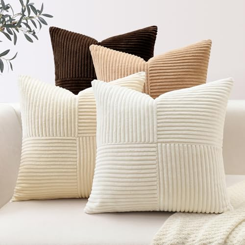 Sungeek 4er Set Cord Kissenbezüge, Kreuz Streifen Muster Kordsamt Kissenbezug Sofakissen Dekokissen Patchwork Design Deko Zierkissenbezüge Kissenhülle für Wohnzimmer (45x45cm, Braun Creme Weiß)