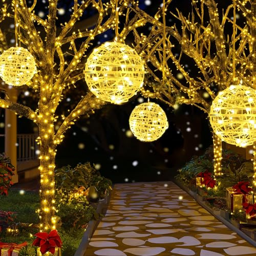 da LIGHT LED Kugel Lichterkette Außen Ø20 cm 4er Set, 184 LEDs, 8 Modi mit Timer, Warmweiß 2500 K, IP44 wasserdicht, Hängende Weihnachtsbeleuchtung für Garten & Terrasse