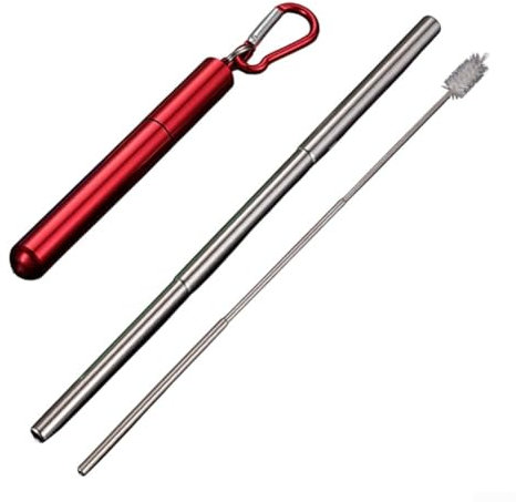 Pajita telescópica de acero inoxidable apta para viajes con cepillo de limpieza para uso diario (rojo)