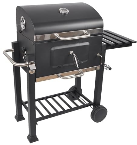LQWELL Grillwagen, Holzkohlegrill XL BBQ Smoker Trolley, Standgrill mit Deckel, Edelstahl-griff, Grillrost, Thermometer, Flaschenöffner und Rädern, Maße ca. L113.5 x W50 x H107 cm, Schwarz
