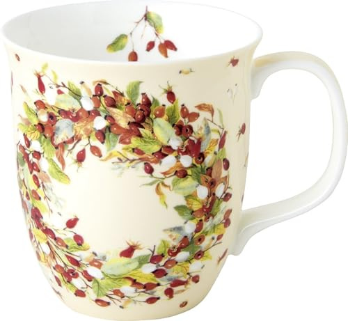 IHR - BOC 1081460 - Kaffee Becher, Hagebuttenkranz, Rose Hip Wreath, Porzellan, Bone China, 10cm x 9cm, 375ml, spülmaschinen- und mikrowellengeeignet